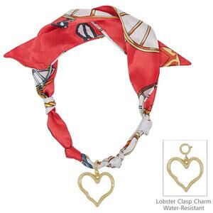 Red White Knotted Scarf Necklace Hammered Heart Charm